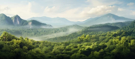 Fotobehang Serene Mountain Range with Sparse Trees Amidst Majestic Peaks and Verdant Forest © vxnaghiyev