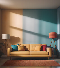 Interior of modern living room with yellow sofa, orange lamp and blue wall. 3d render