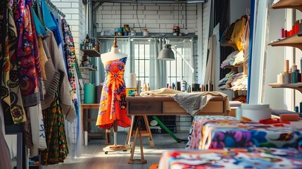 Interior of fashion designer studio room with various sewing items, fabrics and mannequins standing - obrazy, fototapety, plakaty