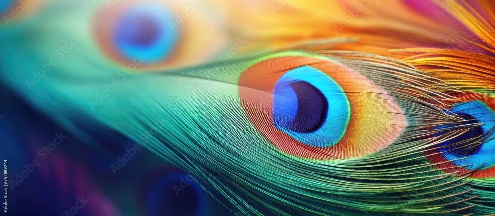 Poster Vibrant Close-Up Detail of Multicolored Peacock Feathers Creating an Abstract Artistic Display