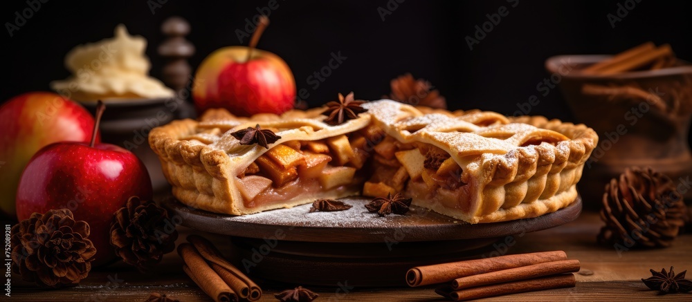 Poster warm apple pie with cinnamon sticks and fresh fruit on rustic table setting