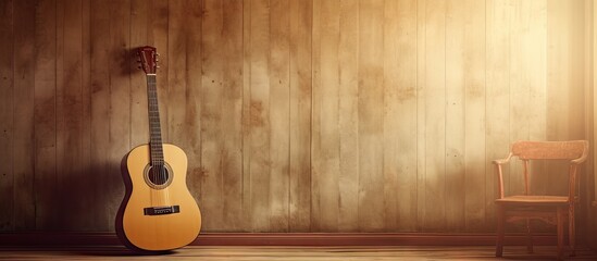 Soulful Guitar Resting in a Cozy Vintage Room with Wooden Accents - obrazy, fototapety, plakaty