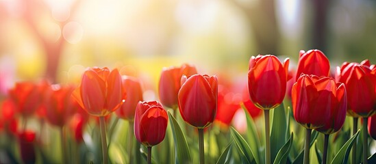 Vibrant Red Tulips Blooming in a Sunlit Garden - Spring Nature Background