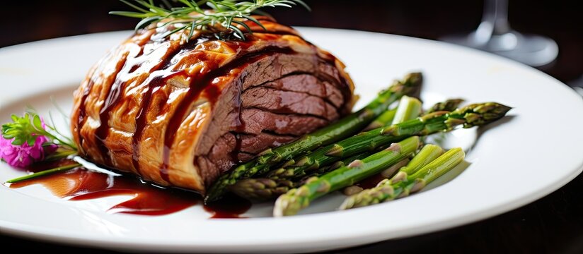 Gourmet Beef Wellington with Asparagus and Red Wine Sauce on Elegant Dining Table