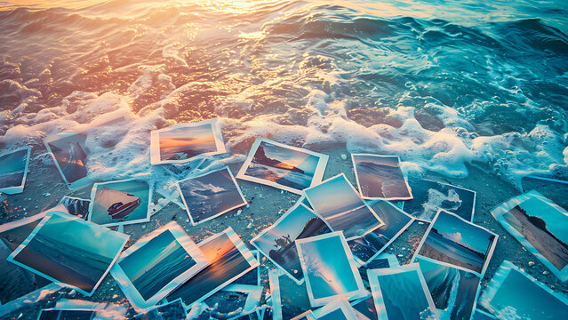 Photo images scattered on the beautiful beach, holiday concept.