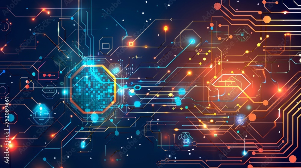 Poster dynamic digital tech background: illustration of internet, computer software, hardware, programming,