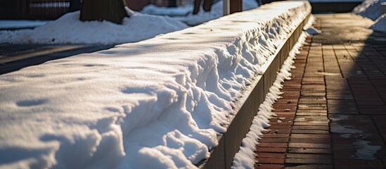 Obraz premium Tranquil Winter Scene: Snow-Covered Bench Resting on Shoveled Sidewalk