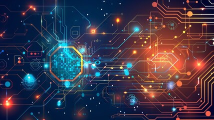 Obraz premium Dynamic digital tech background: illustration of internet, computer software, hardware, programming, data network - futuristic digital landscape for technology concepts