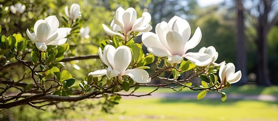Zelfklevend Fotobehang Elegant White Magnolia Tree Blossoming with Beautiful Petals in a Serene Park Setting © vxnaghiyev