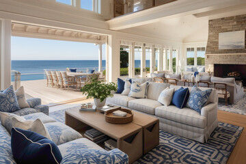 Coastal sophistication reflected in a living space adorned with deep blue upholstery, coral-patterned rugs, and seashell decor, basking in the glow of summer light
