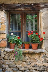 Fototapeta na wymiar Group of Potted Flowers on Window Sill