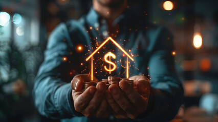 Businessman holding house icon, concept of saving money for home.