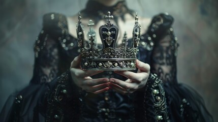 Cinematic photo of a beautiful queen holding a magnificent crown in her hands darker colours