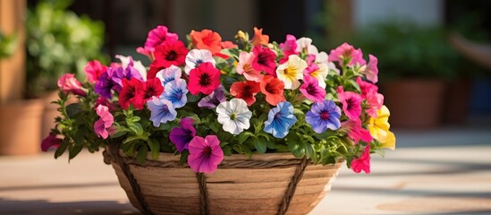 Fototapeta na wymiar Bountiful Summer Delight: Basket Overflowing with Multicolored Petunias in full bloom