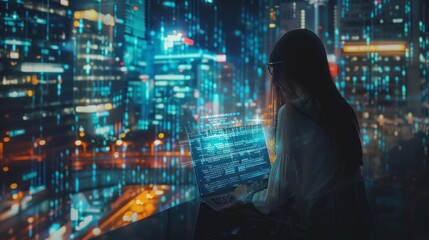 Woman contemplating data analytics and cybersecurity research with laptop and holographic code overlay at night - it solutions concept