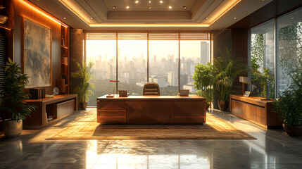 Luxury hotel reception desk with view of the city. - obrazy, fototapety, plakaty