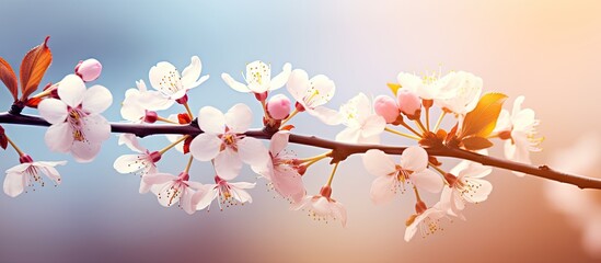 Delicate Blooms: Close-Up of White Cherry Blossoms on Branch with Soft Nature Background