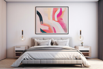 Contemporary chic in a bedroom, an empty frame standing out against a wall adorned with vibrant, modern art.