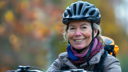 beautiful older mature retired woman wearing a cycling safety helmet while keeping fit taking excercise riding a bike