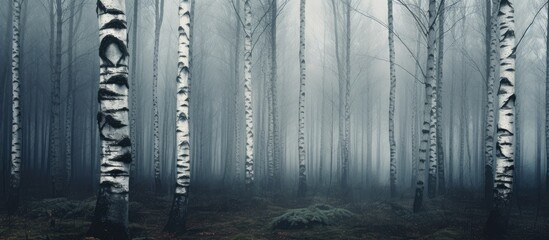 Misty Birch Grove: Enchanting Forest with Tall Trees Blanketed in Fog
