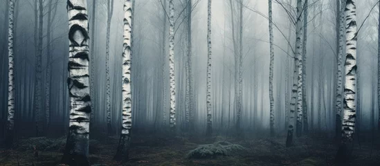 Schilderijen op glas Misty Birch Grove: Enchanting Forest with Tall Trees Blanketed in Fog © vxnaghiyev