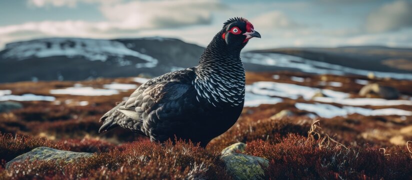 Majestic Black Grouse Perched on Highland Rocks Against Mountain Landscape