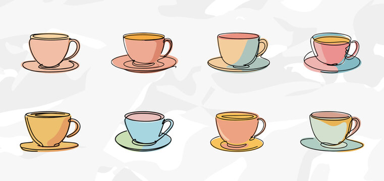 8 Kaffeetassen Lineart-Illustrationen: Vektorgrafik-B&uuml;ndel