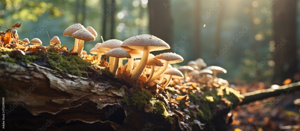 Poster enchanting cluster of wild mushrooms flourishing on decaying tree trunk in lush forest habitat