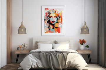 Contemporary chic in a bedroom, an empty frame standing out against a wall adorned with vibrant,...