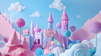 lollypops, candy, and a castle with 3d scenery, in the style of childlike abstraction. 