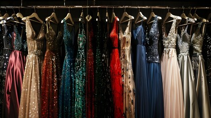 Luxurious evening dresses in sequins on hangers in the fitting room - obrazy, fototapety, plakaty