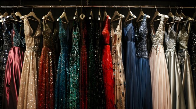 Luxurious evening dresses in sequins on hangers in the fitting room