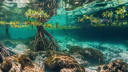 mangrove roots descending into tropical waters