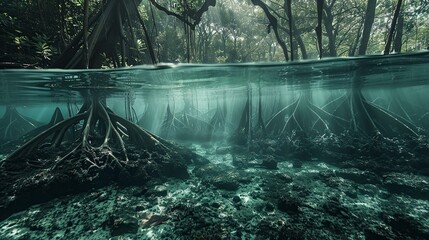 mangrove roots descending into tropical waters