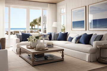 Contemporary coastal chic with a touch of summer brilliance, as sandy beige and navy elements harmonize in a living room filled with natural light and nautical elegance