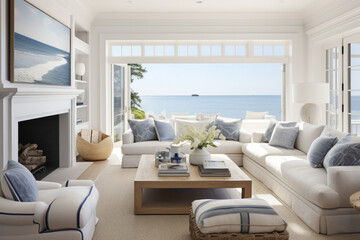 Contemporary coastal chic with a touch of summer brilliance, as sandy beige and navy elements harmonize in a living room filled with natural light and nautical elegance