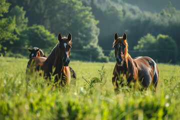 Horses graze on a green meadow, with a forest in the background. Nature, harmony
