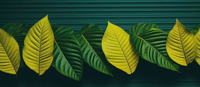 Vibrant Green Striped Yellow Leaves Arranged in a Beautiful Formation Against Dramatic Black Background