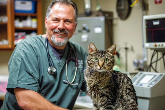 A male veterinarian with a tabby cat in the clinic. The veterinarian examines the animal. Photo for Veterinarian's Day.