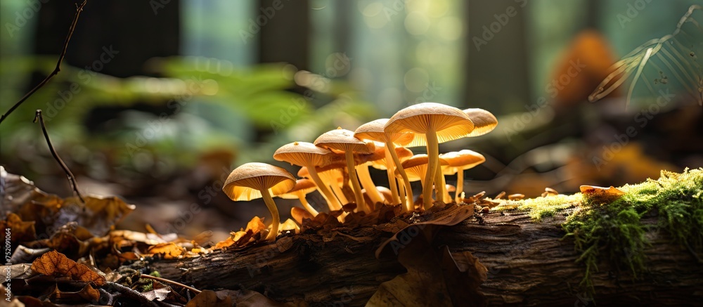 Poster diverse wild mushrooms sprouting elegantly on timber log in lush forest setting