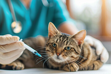 Tabby cat getting vaccinated at the veterinarian. Examination of the animal by a veterinarian, routine vaccination - obrazy, fototapety, plakaty