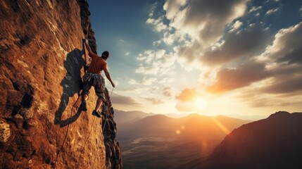 A sporty man climbs a cliff with safety climbing equipment against the background of a wonderful sunset. Extreme outdoor sports, Active lifestyle, bouldering concepts. Horizontal banner, Copy space.