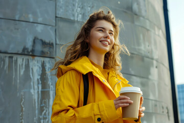 Fototapeta premium beautiful happy girl in bright yellow clothes holds a paper cup of coffee in her hands against the background of the city
