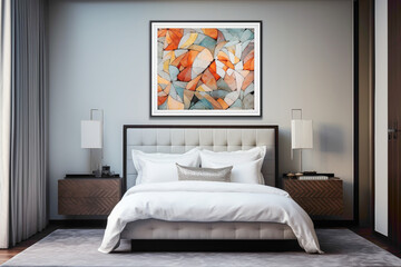 Contemporary elegance in a bedroom, a blank white frame serving as a focal point against a backdrop of sophisticated colors.