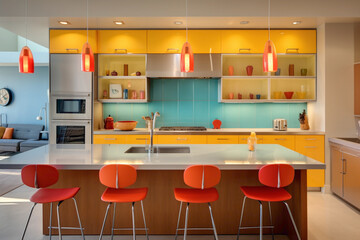 Contemporary kitchen design showcasing minimalistic yet colorful backsplash, simple furnishings, and captured in stunning HD.