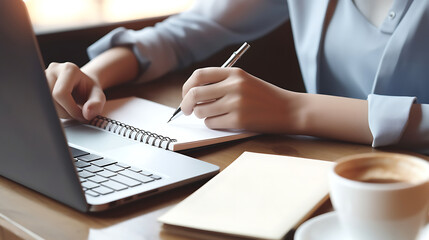 Close up, business woman working on laptop computer and writing on notepad at coffee shop. Woman planning work project. Student online study and taking note, e-learning concept
