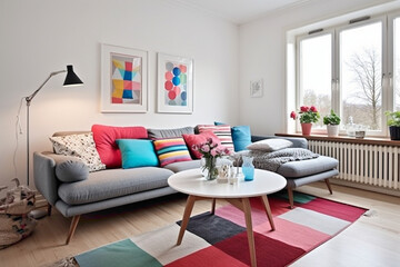 Contemporary Scandinavian design with a bold use of color, creating a lively and energetic living room.