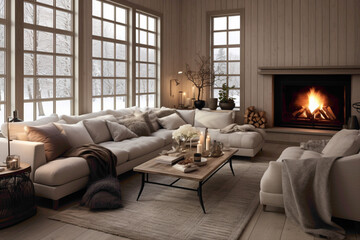Cozy and comfortable, this Scandinavian-inspired living room features a fireplace and plush seating.