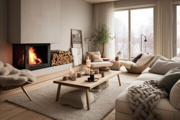 Cozy and comfortable, this Scandinavian-inspired living room features a fireplace and plush seating.