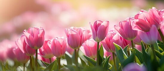 Obraz premium Vibrant Pink Tulips Bloom under the Spring Sunlight in a Lush Garden Setting